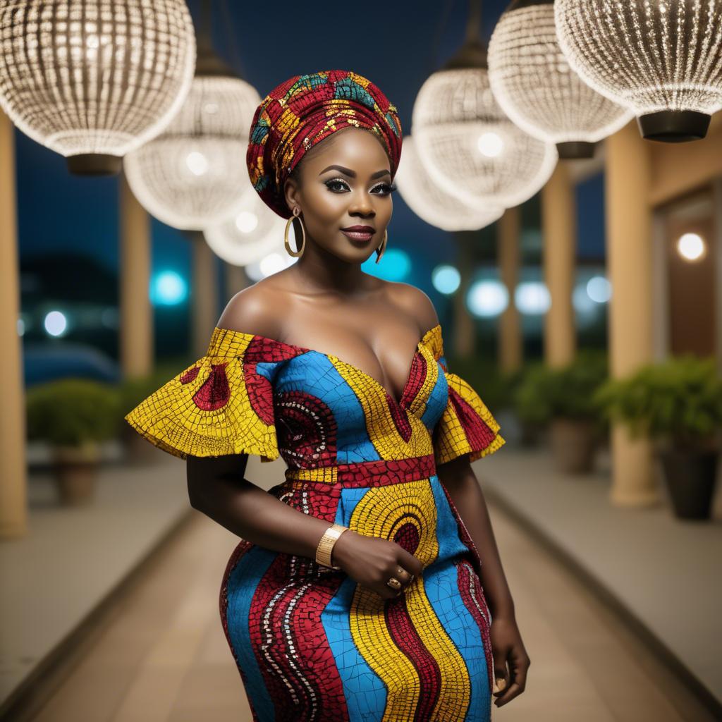 A stunning image of ghanaian enchantress rocking a colorful ankara gown showcased under sophisticated lights.