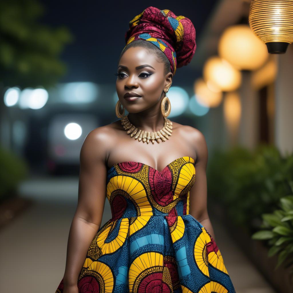 A stunning image of ghanaian enchantress rocking a colorful ankara gown showcased under sophisticated lights.