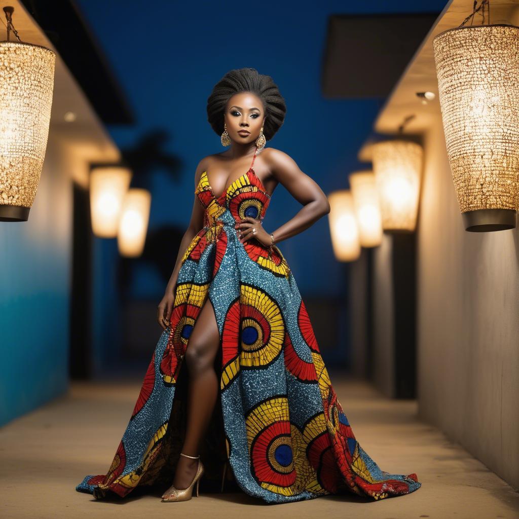 A stunning image of ghanaian enchantress rocking a colorful ankara gown showcased under sophisticated lights.