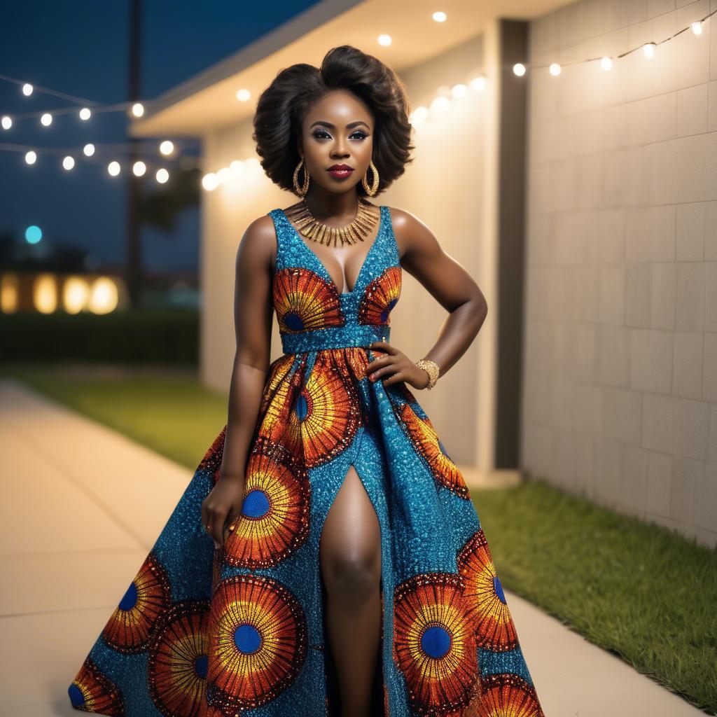 A stunning image of ghanaian enchantress rocking a colorful ankara gown showcased under sophisticated lights.