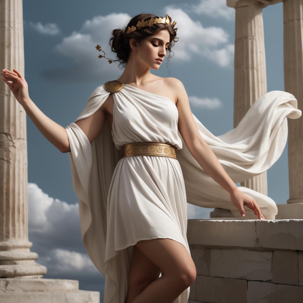 A stunning image of greek muse wearing a flowing white toga reminiscent of ancient mythological style.