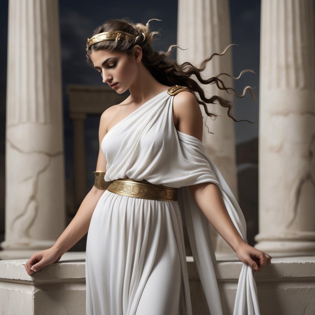 A stunning image of greek muse wearing a flowing white toga reminiscent of ancient mythological style.