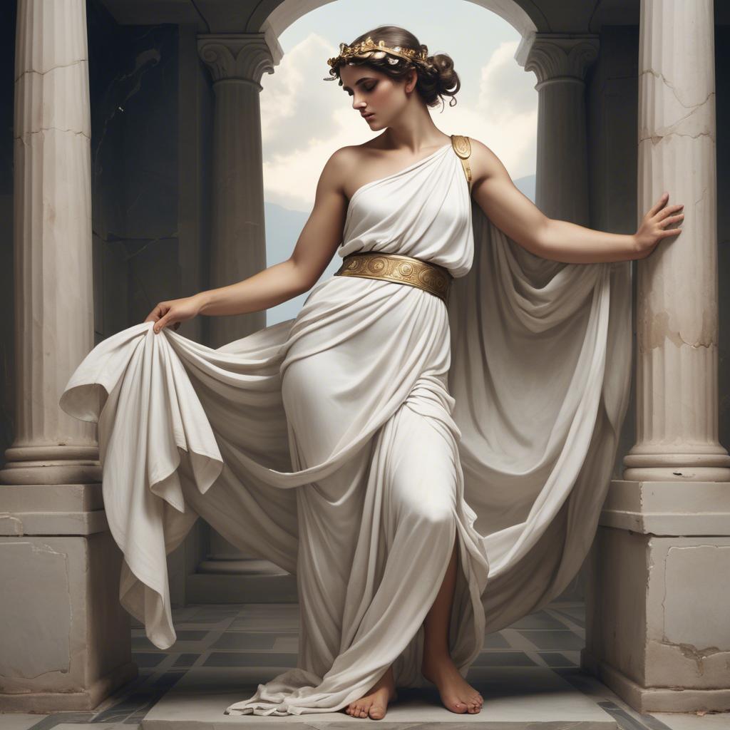 A stunning image of greek muse wearing a flowing white toga reminiscent of ancient mythological style.