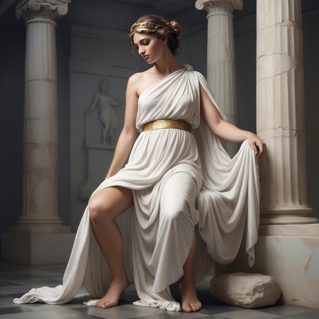A stunning image of greek muse wearing a flowing white toga reminiscent of ancient mythological style.