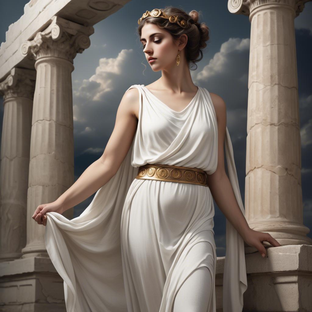 A stunning image of greek muse wearing a flowing white toga reminiscent of ancient mythological style.