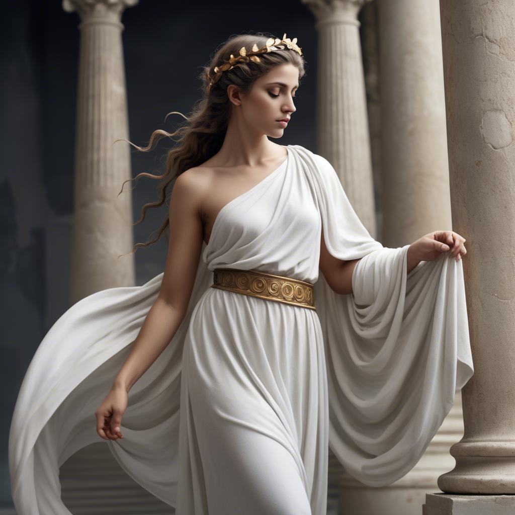 A stunning image of greek muse wearing a flowing white toga reminiscent of ancient mythological style.