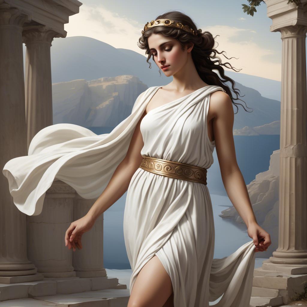 A stunning image of greek muse wearing a flowing white toga reminiscent of ancient mythological style.