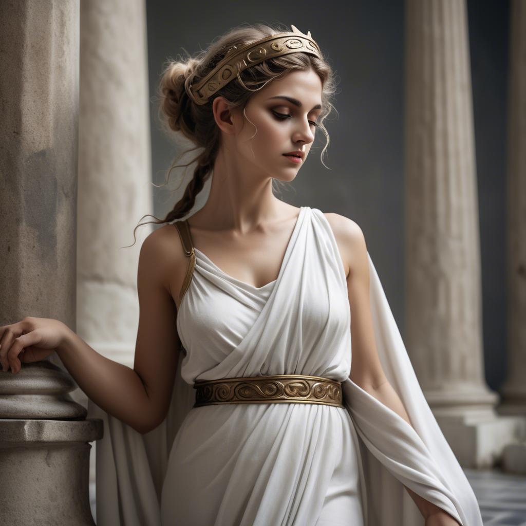 A stunning image of greek muse wearing a flowing white toga reminiscent of ancient mythological style.