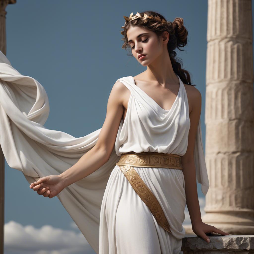 A stunning image of greek muse wearing a flowing white toga reminiscent of ancient mythological style.