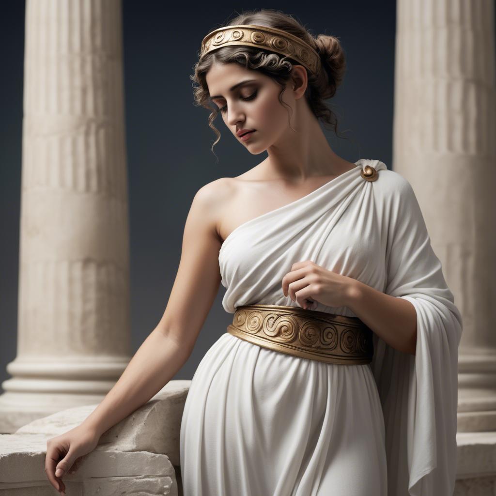 A stunning image of greek muse wearing a flowing white toga reminiscent of ancient mythological style.