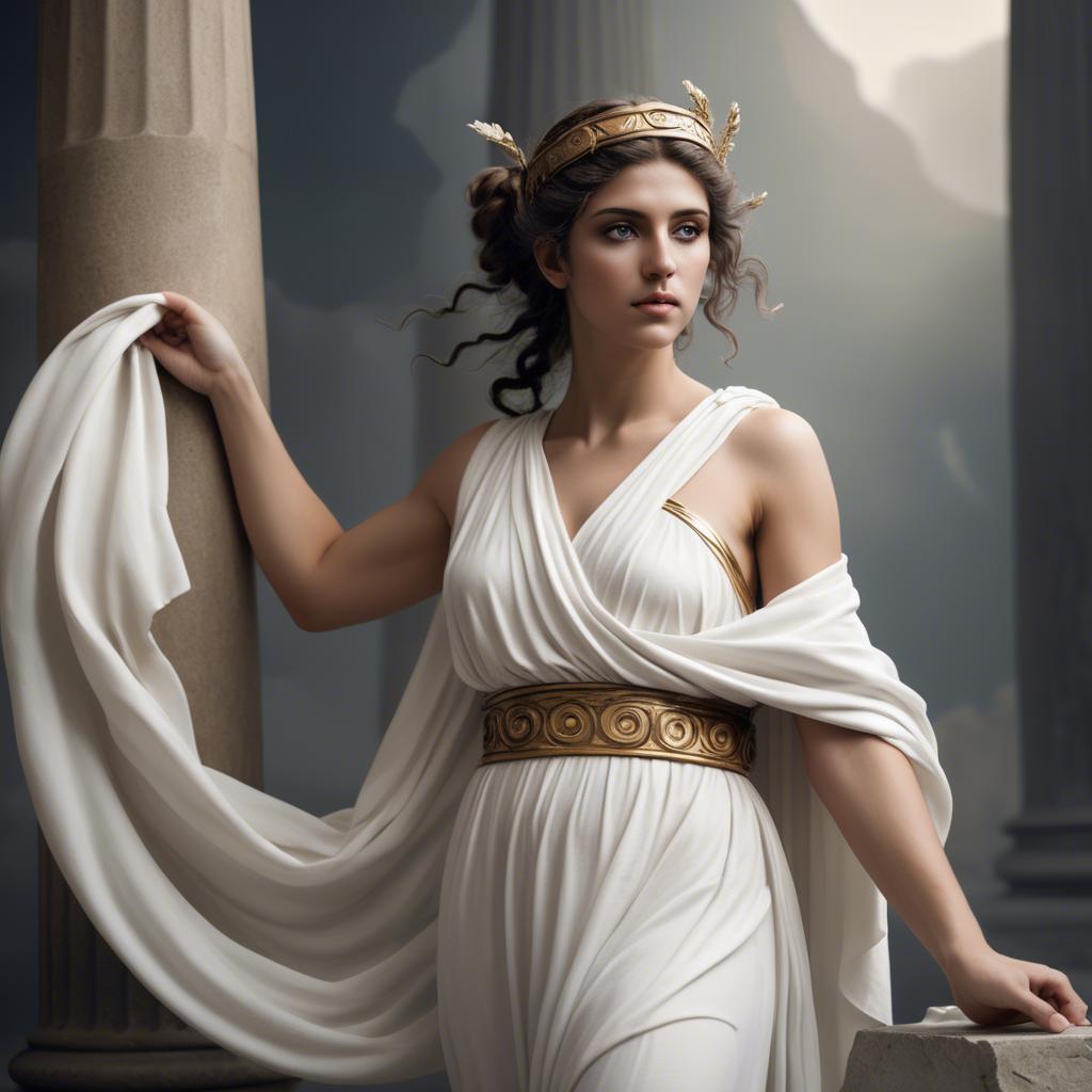 A stunning image of greek muse wearing a flowing white toga reminiscent of ancient mythological style.