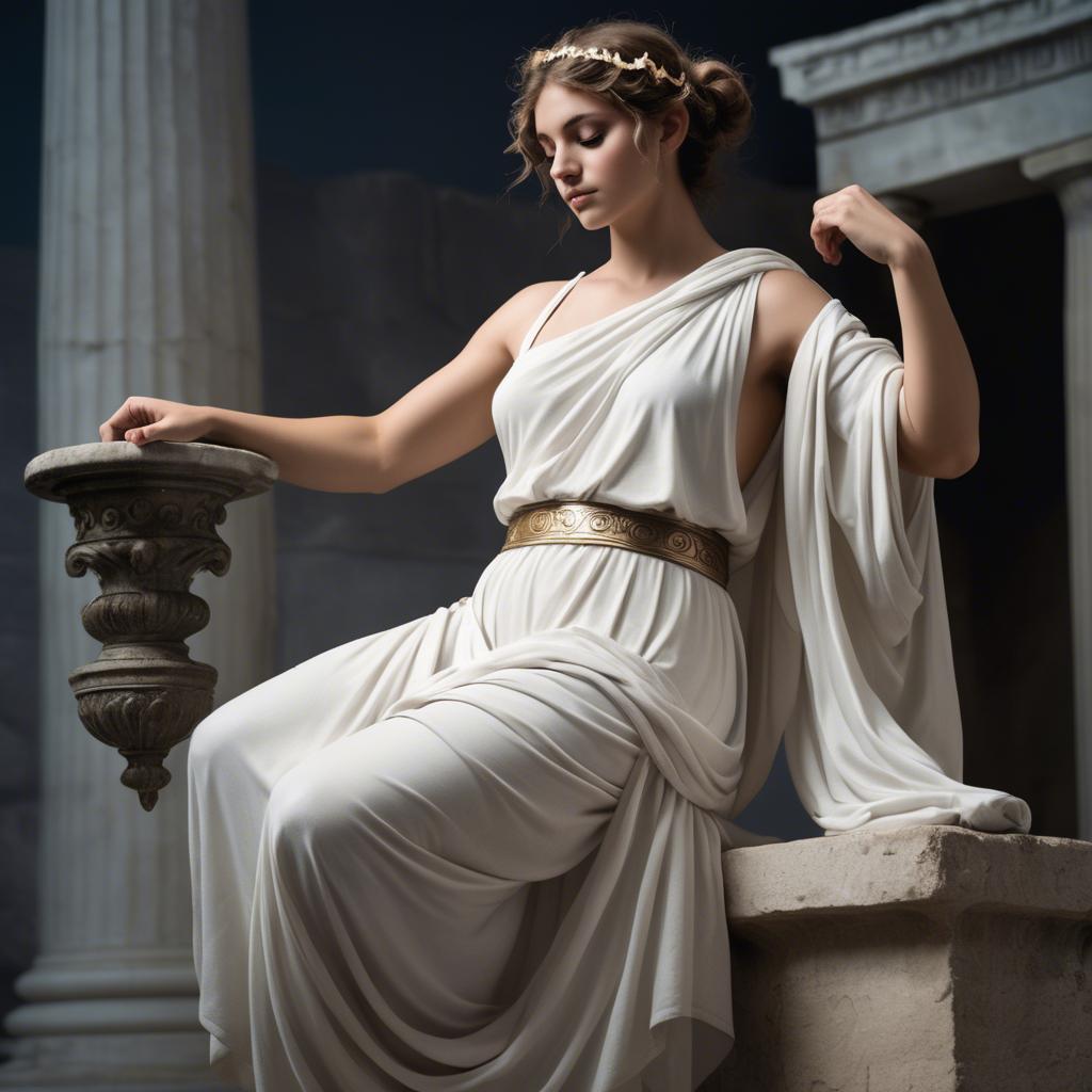 A stunning image of greek muse wearing a flowing white toga reminiscent of ancient mythological style.