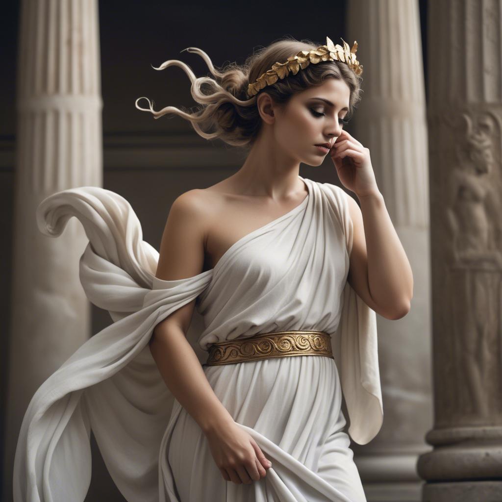 A stunning image of greek muse wearing a flowing white toga reminiscent of ancient mythological style.