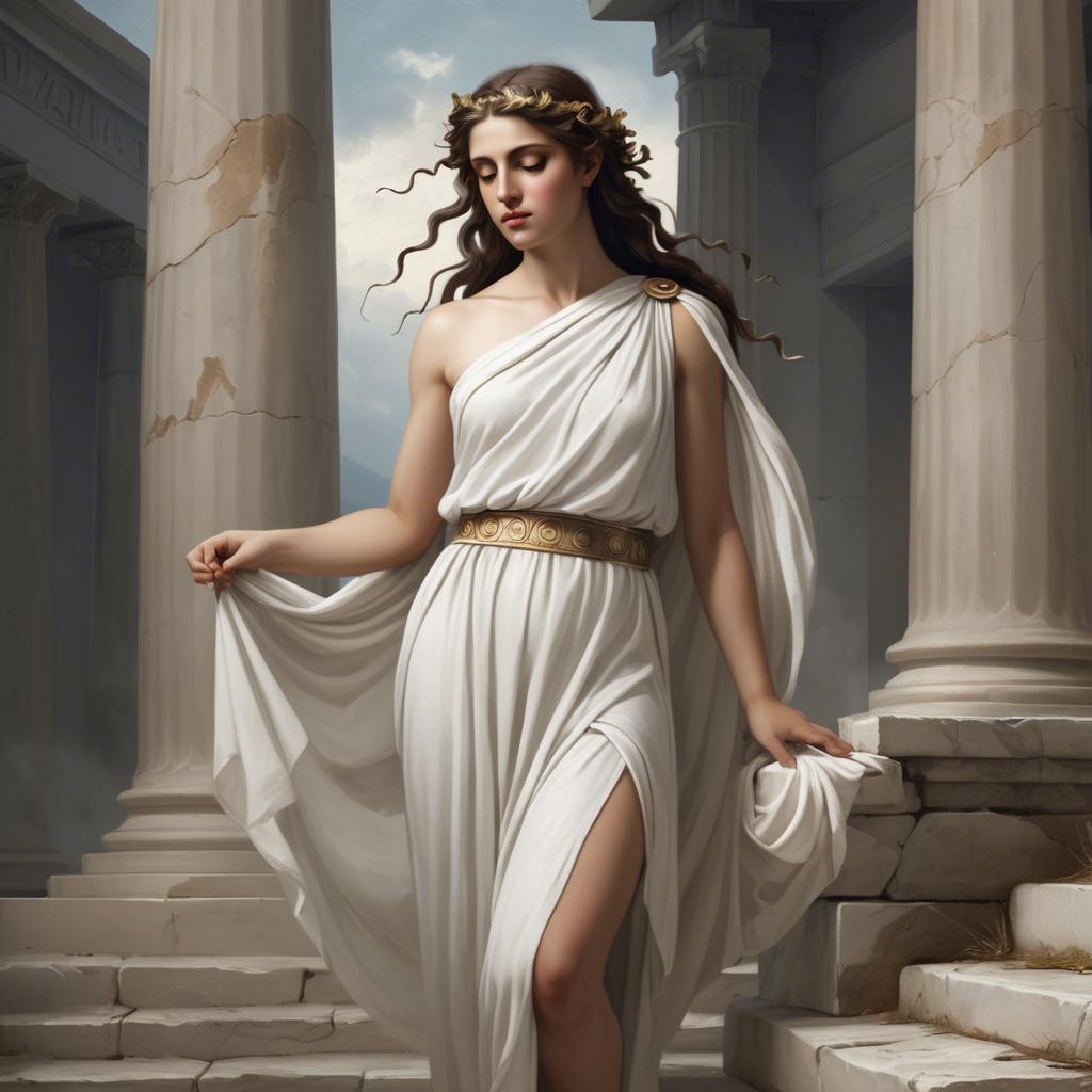 A stunning image of greek muse wearing a flowing white toga reminiscent of ancient mythological style.