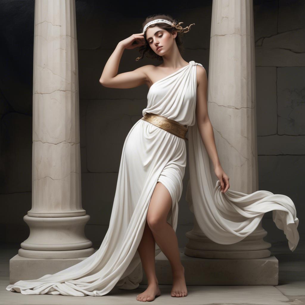 A stunning image of greek muse wearing a flowing white toga reminiscent of ancient mythological style.