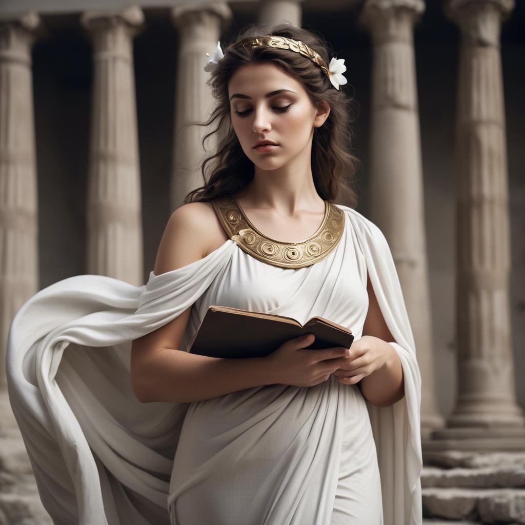 A stunning image of greek muse wearing a flowing white toga reminiscent of ancient mythological style.
