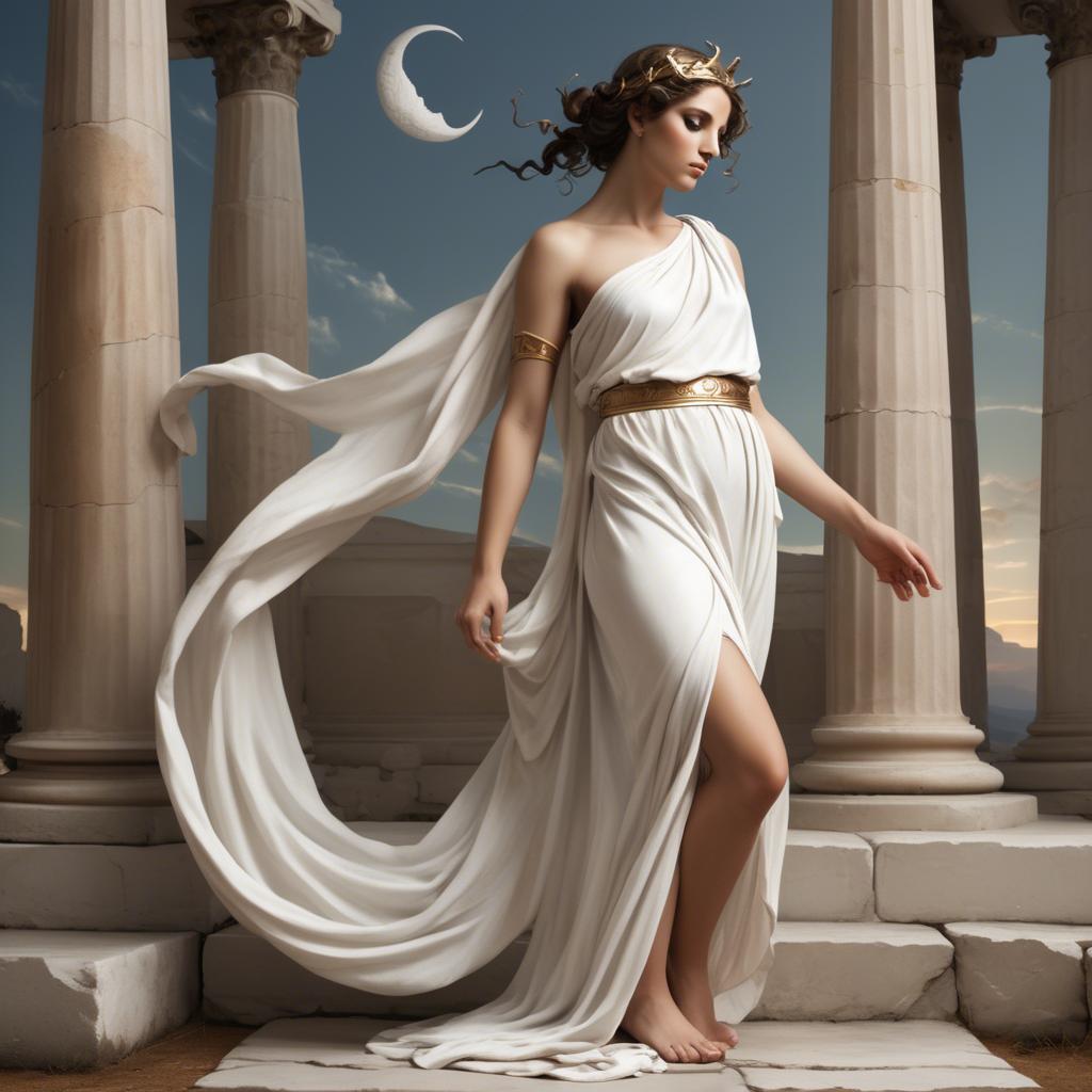 A stunning image of greek muse wearing a flowing white toga reminiscent of ancient mythological style.