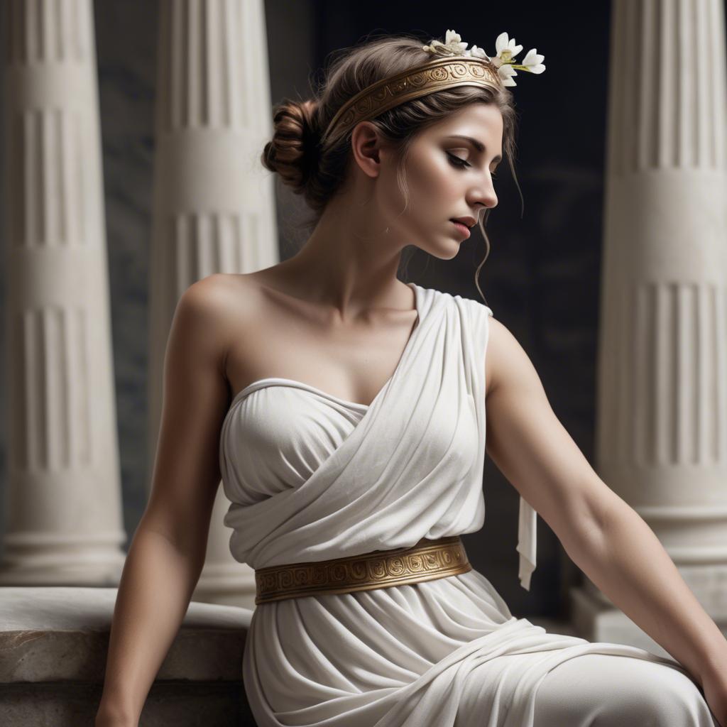 A stunning image of greek muse wearing a flowing white toga reminiscent of ancient mythological style.