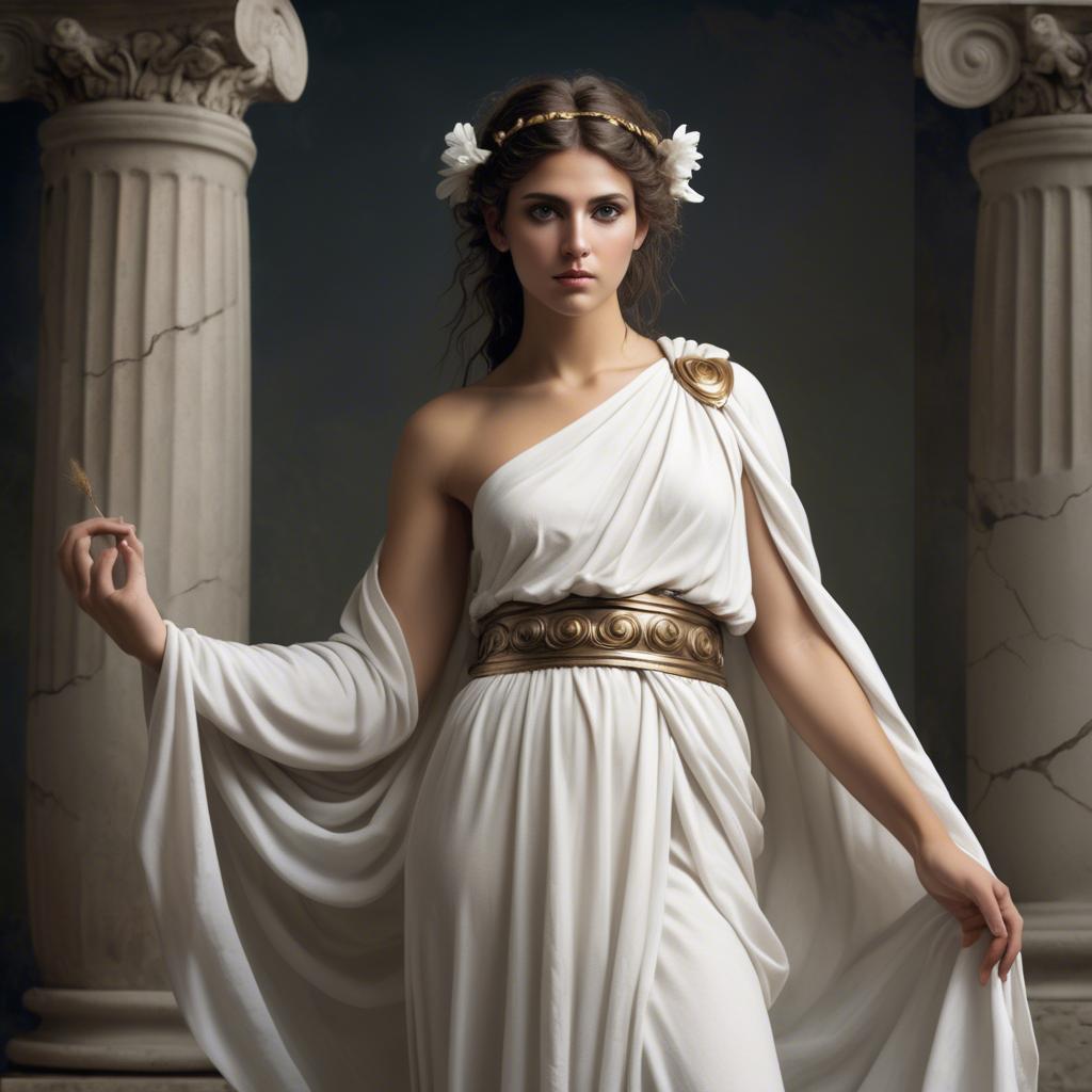 A stunning image of greek muse wearing a flowing white toga reminiscent of ancient mythological style.