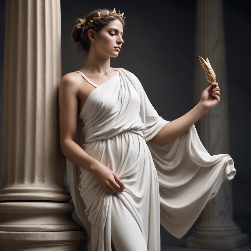 A stunning image of greek muse wearing a flowing white toga reminiscent of ancient mythological style.
