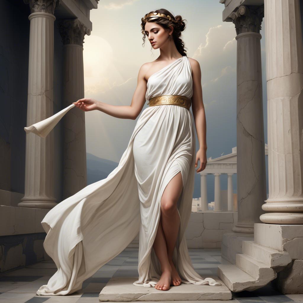 A stunning image of greek muse wearing a flowing white toga reminiscent of ancient mythological style.