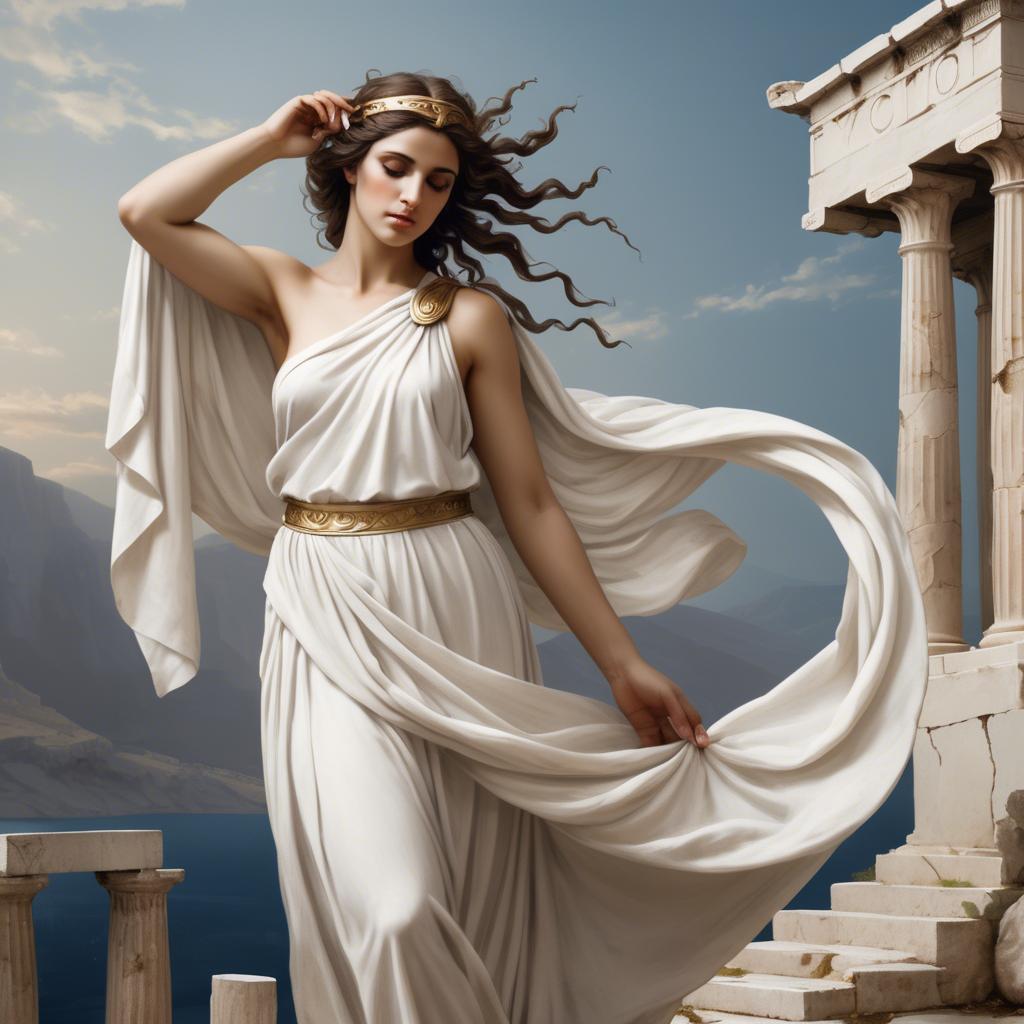 A stunning image of greek muse wearing a flowing white toga reminiscent of ancient mythological style.