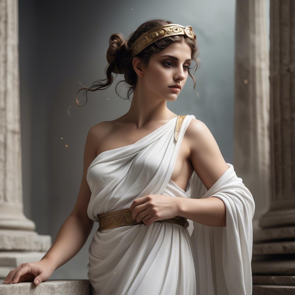 A stunning image of greek muse wearing a flowing white toga reminiscent of ancient mythological style.