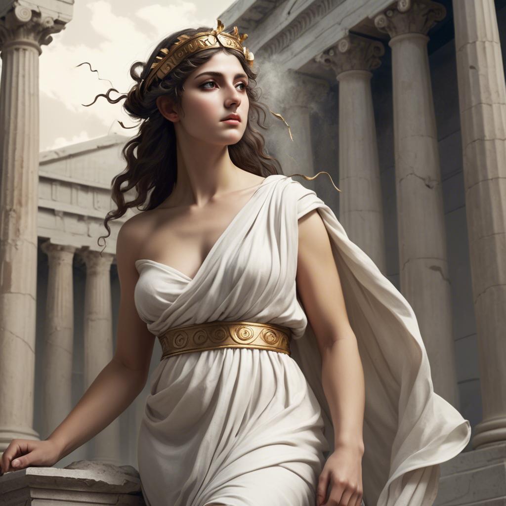 A stunning image of greek muse wearing a flowing white toga reminiscent of ancient mythological style.
