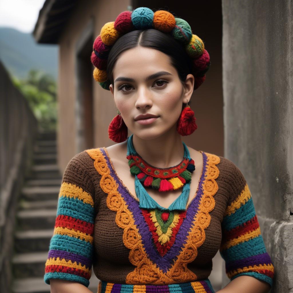 A stunning image of guatemalan beauty in a refined crochet ensemble accentuated by earthy cultural elements.