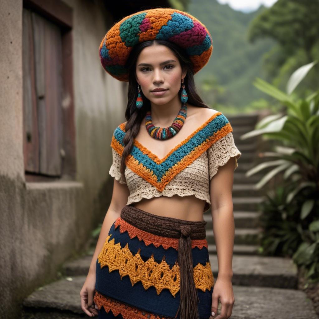 A stunning image of guatemalan beauty in a refined crochet ensemble accentuated by earthy cultural elements.