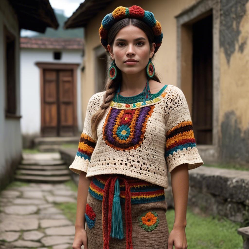 A stunning image of guatemalan beauty in a refined crochet ensemble accentuated by earthy cultural elements.
