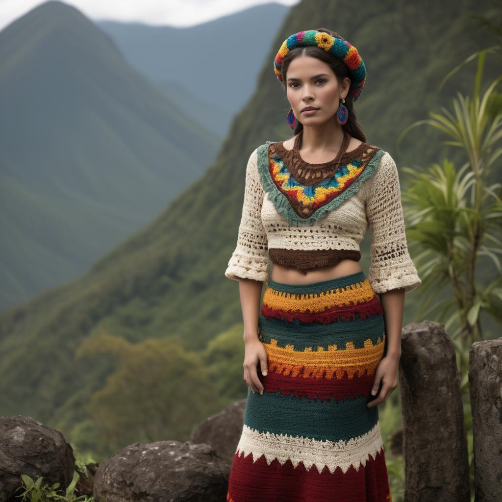 A stunning image of guatemalan beauty in a refined crochet ensemble accentuated by earthy cultural elements.