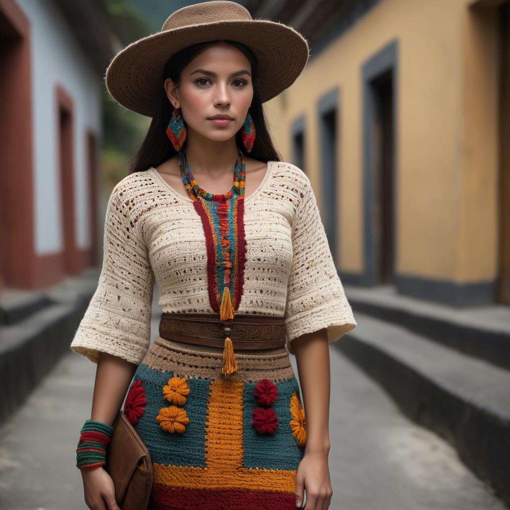 A stunning image of guatemalan beauty in a refined crochet ensemble accentuated by earthy cultural elements.