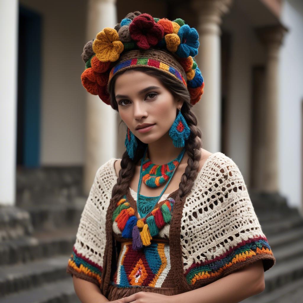 A stunning image of guatemalan beauty in a refined crochet ensemble accentuated by earthy cultural elements.