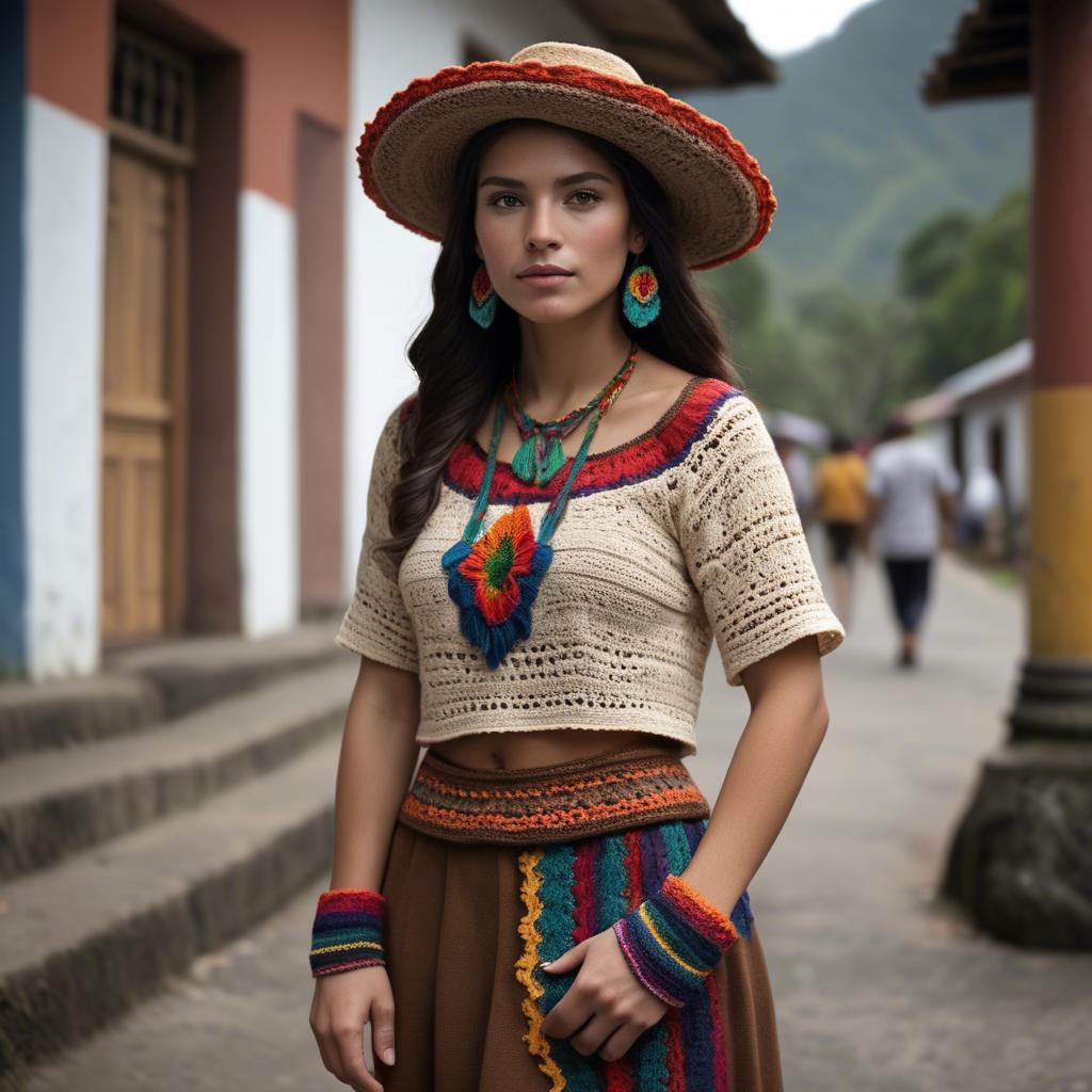 A stunning image of guatemalan beauty in a refined crochet ensemble accentuated by earthy cultural elements.