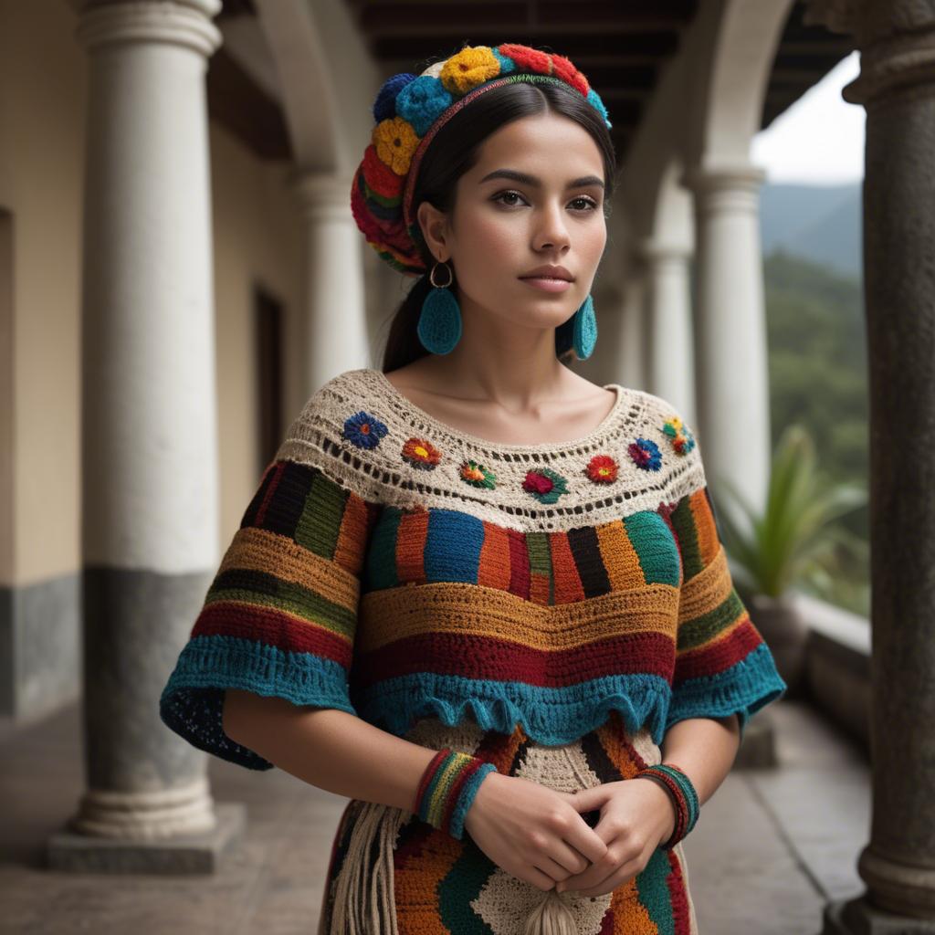 A stunning image of guatemalan beauty in a refined crochet ensemble accentuated by earthy cultural elements.