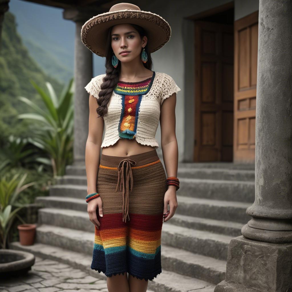 A stunning image of guatemalan beauty in a refined crochet ensemble accentuated by earthy cultural elements.