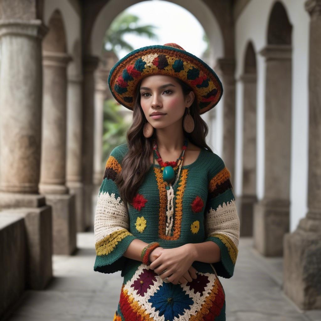 A stunning image of guatemalan beauty in a refined crochet ensemble accentuated by earthy cultural elements.