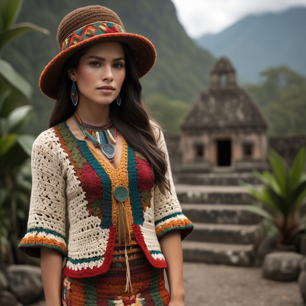 A stunning image of guatemalan beauty in a refined crochet ensemble accentuated by earthy cultural elements.