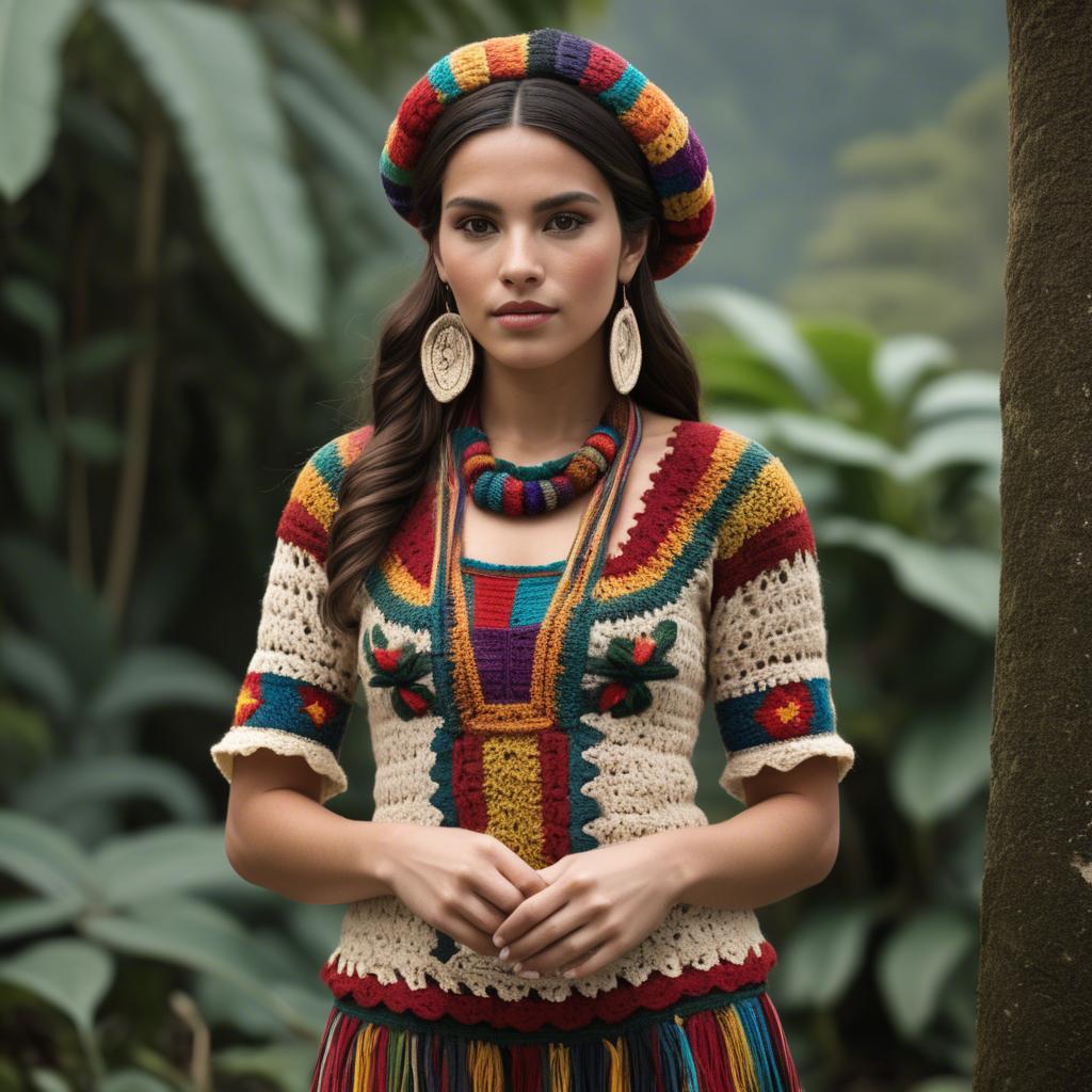 A stunning image of guatemalan beauty in a refined crochet ensemble accentuated by earthy cultural elements.