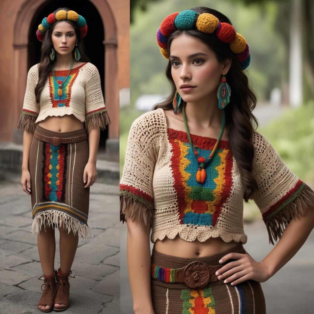 A stunning image of guatemalan beauty in a refined crochet ensemble accentuated by earthy cultural elements.