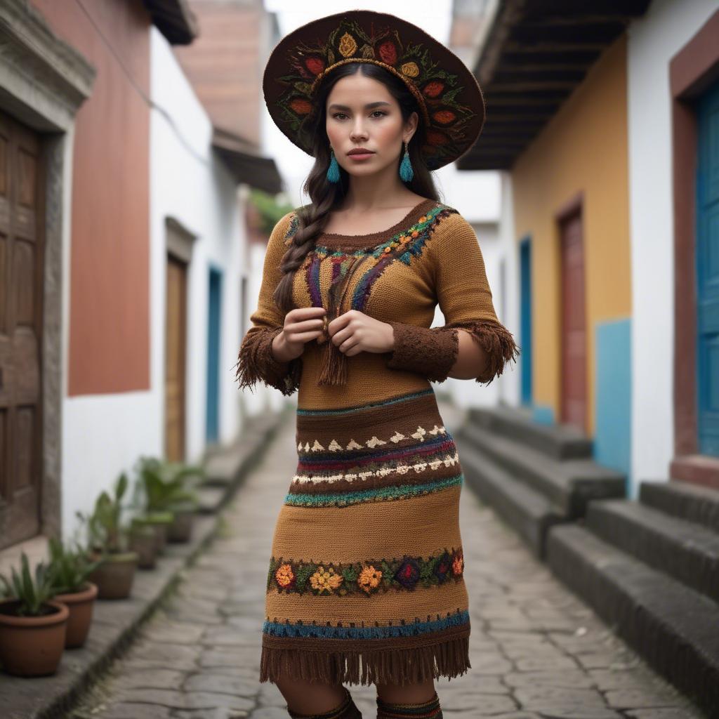 A stunning image of guatemalan beauty in a refined crochet ensemble accentuated by earthy cultural elements.