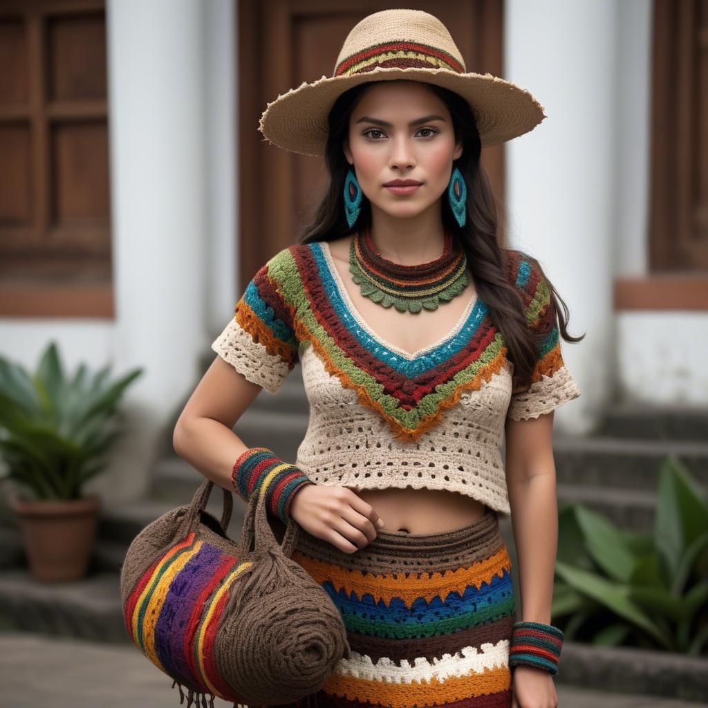 A stunning image of guatemalan beauty in a refined crochet ensemble accentuated by earthy cultural elements.