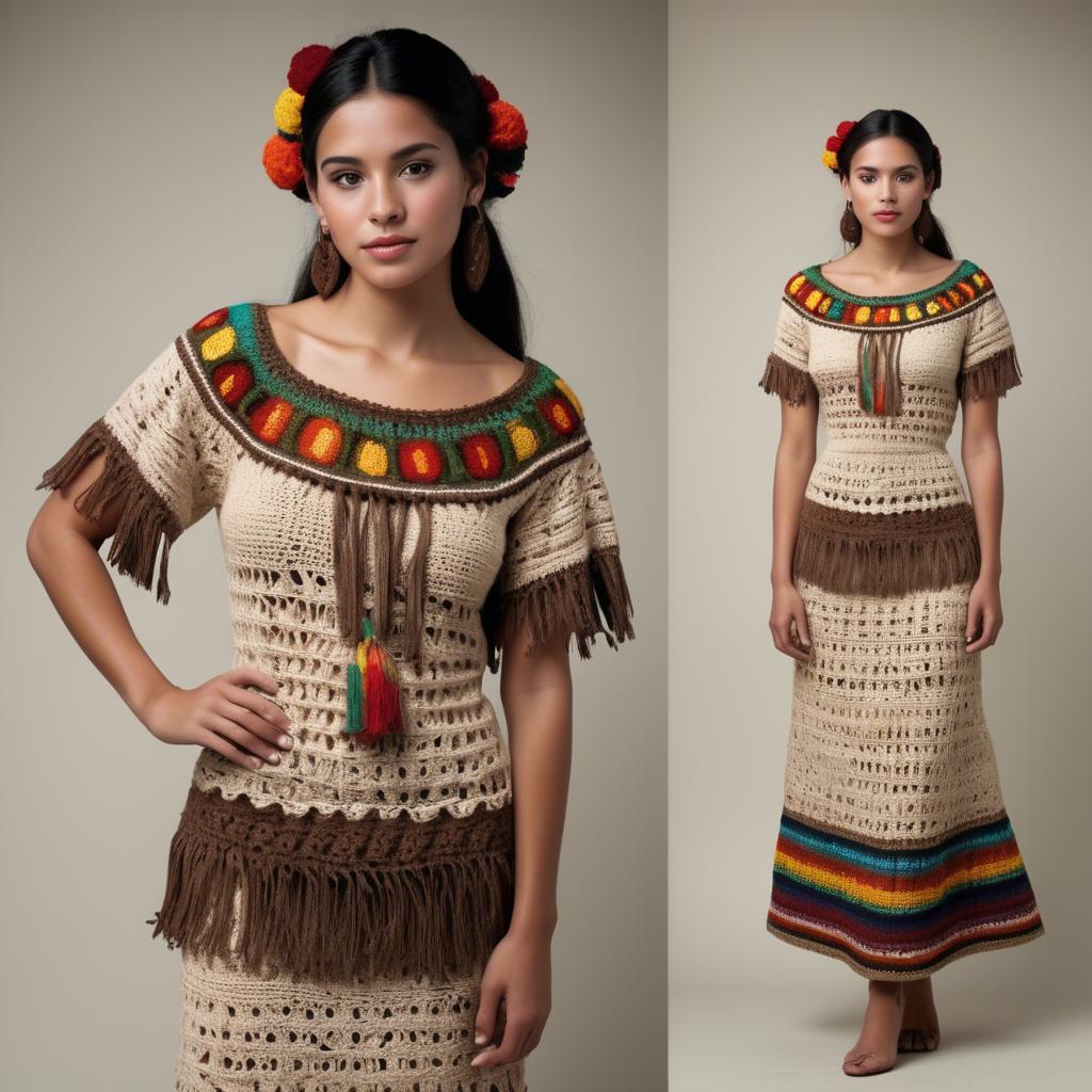 A stunning image of guatemalan beauty in a refined crochet ensemble accentuated by earthy cultural elements.