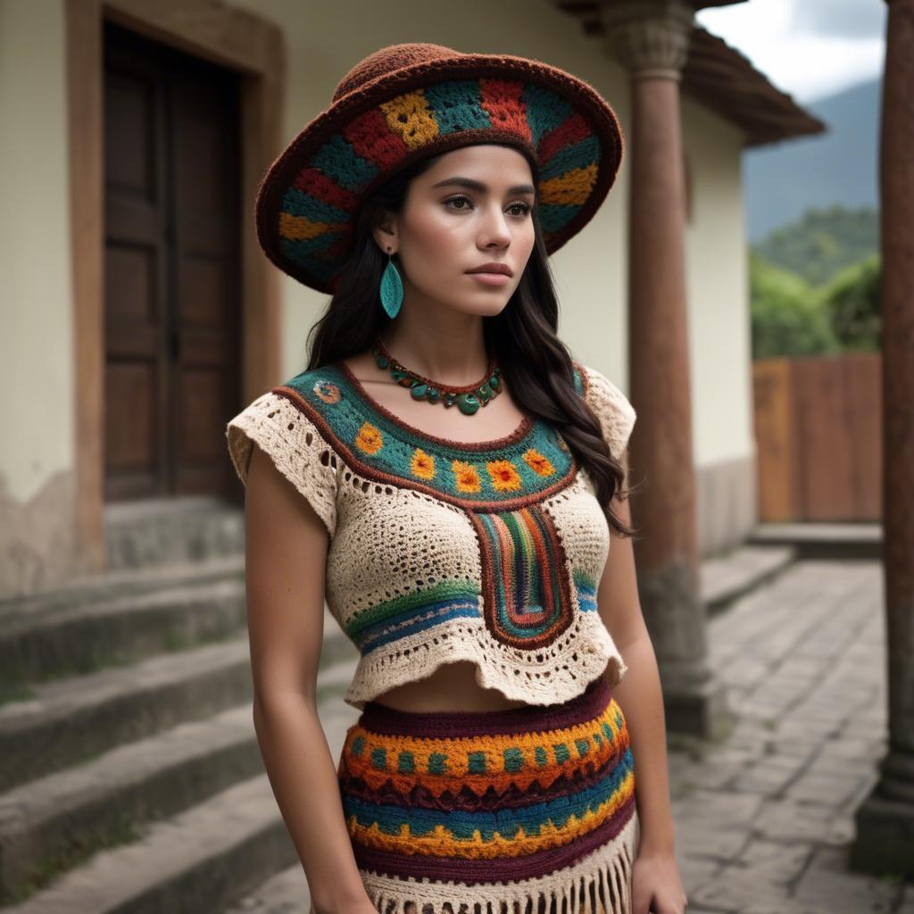 A stunning image of guatemalan beauty in a refined crochet ensemble accentuated by earthy cultural elements.