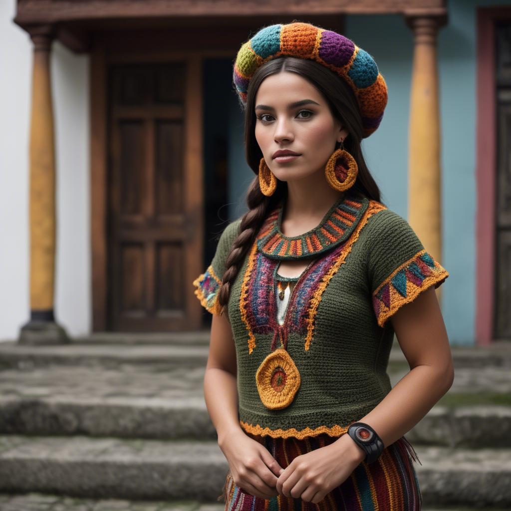A stunning image of guatemalan beauty in a refined crochet ensemble accentuated by earthy cultural elements.