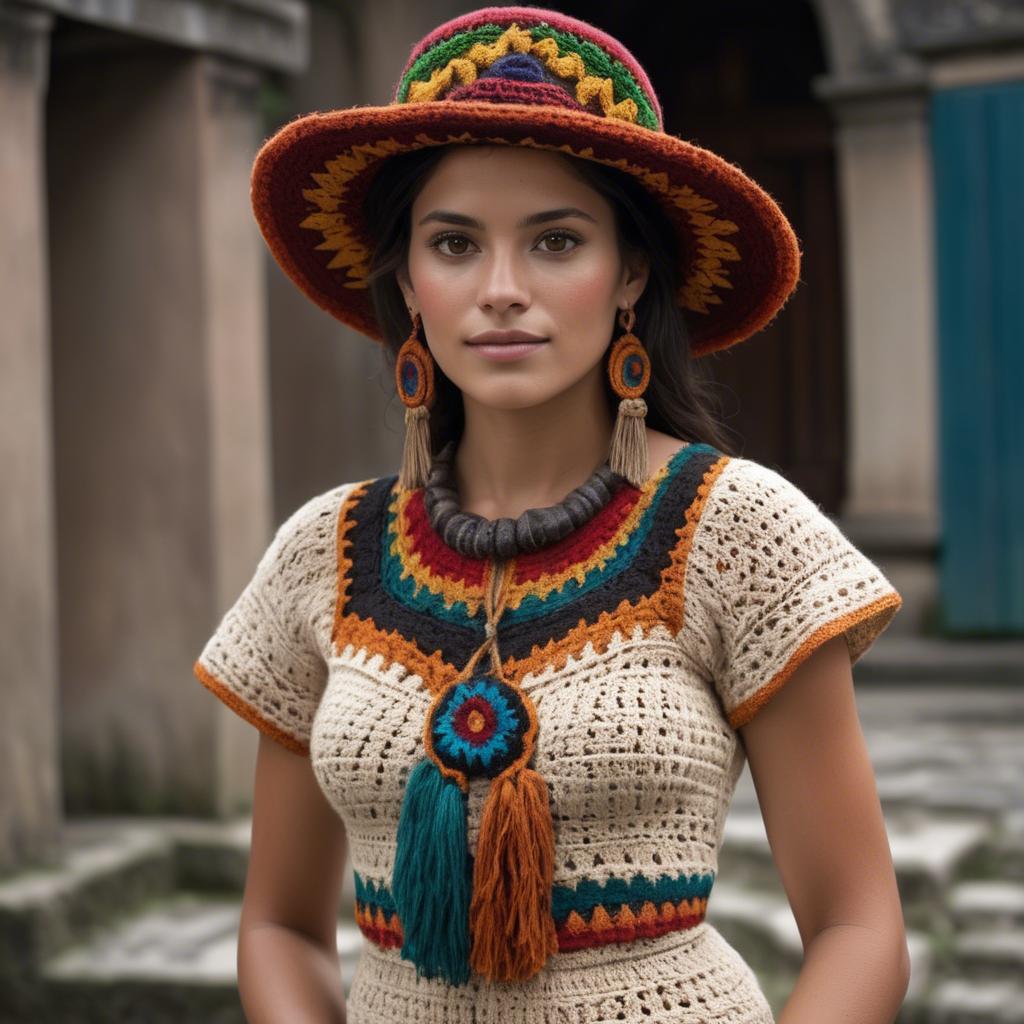 A stunning image of guatemalan beauty in a refined crochet ensemble accentuated by earthy cultural elements.