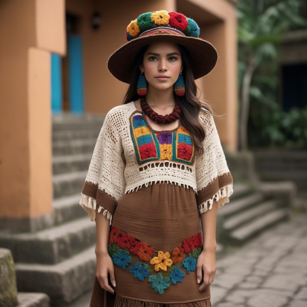 A stunning image of guatemalan beauty in a refined crochet ensemble accentuated by earthy cultural elements.