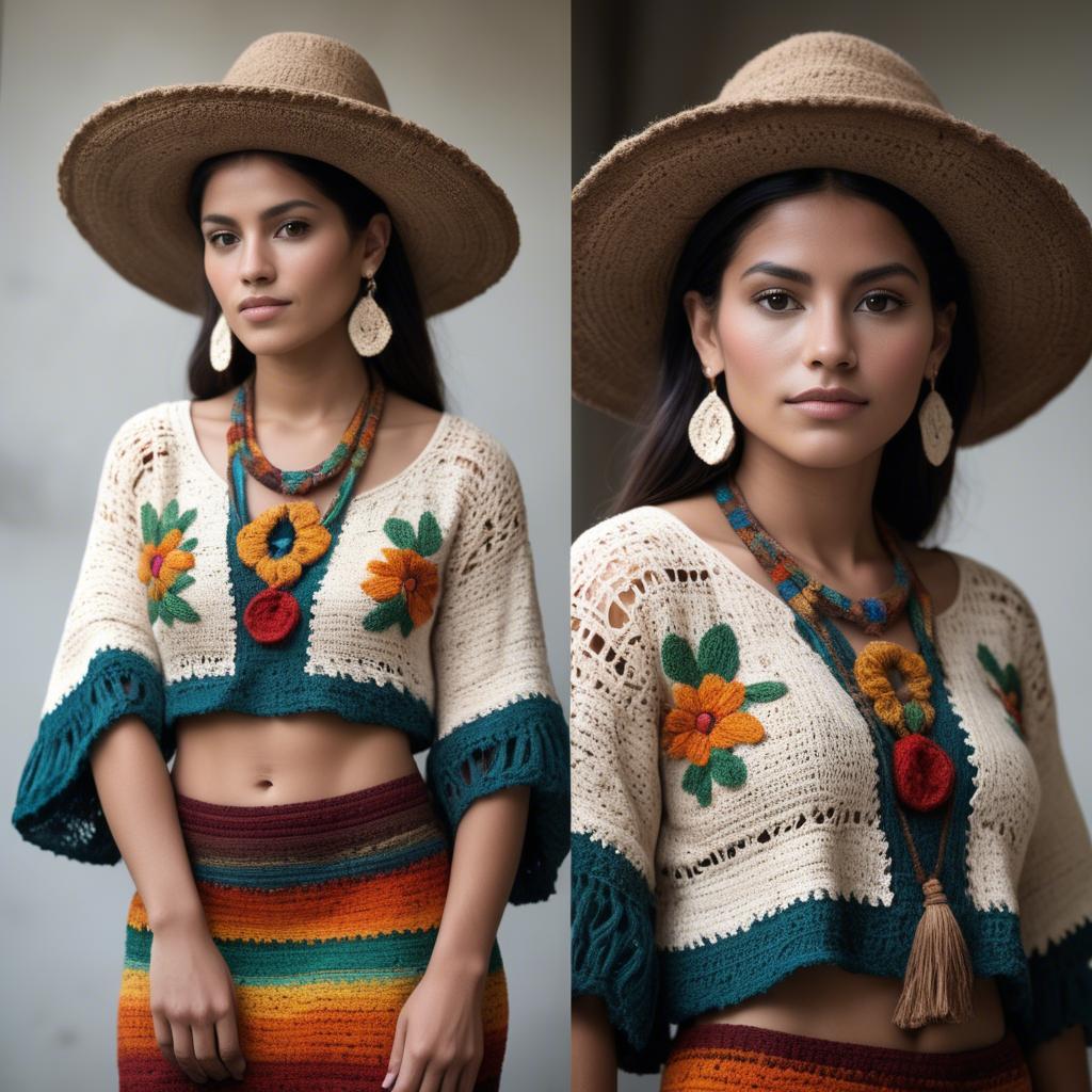 A stunning image of guatemalan beauty in a refined crochet ensemble accentuated by earthy cultural elements.