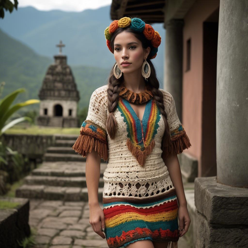 A stunning image of guatemalan beauty in a refined crochet ensemble accentuated by earthy cultural elements.